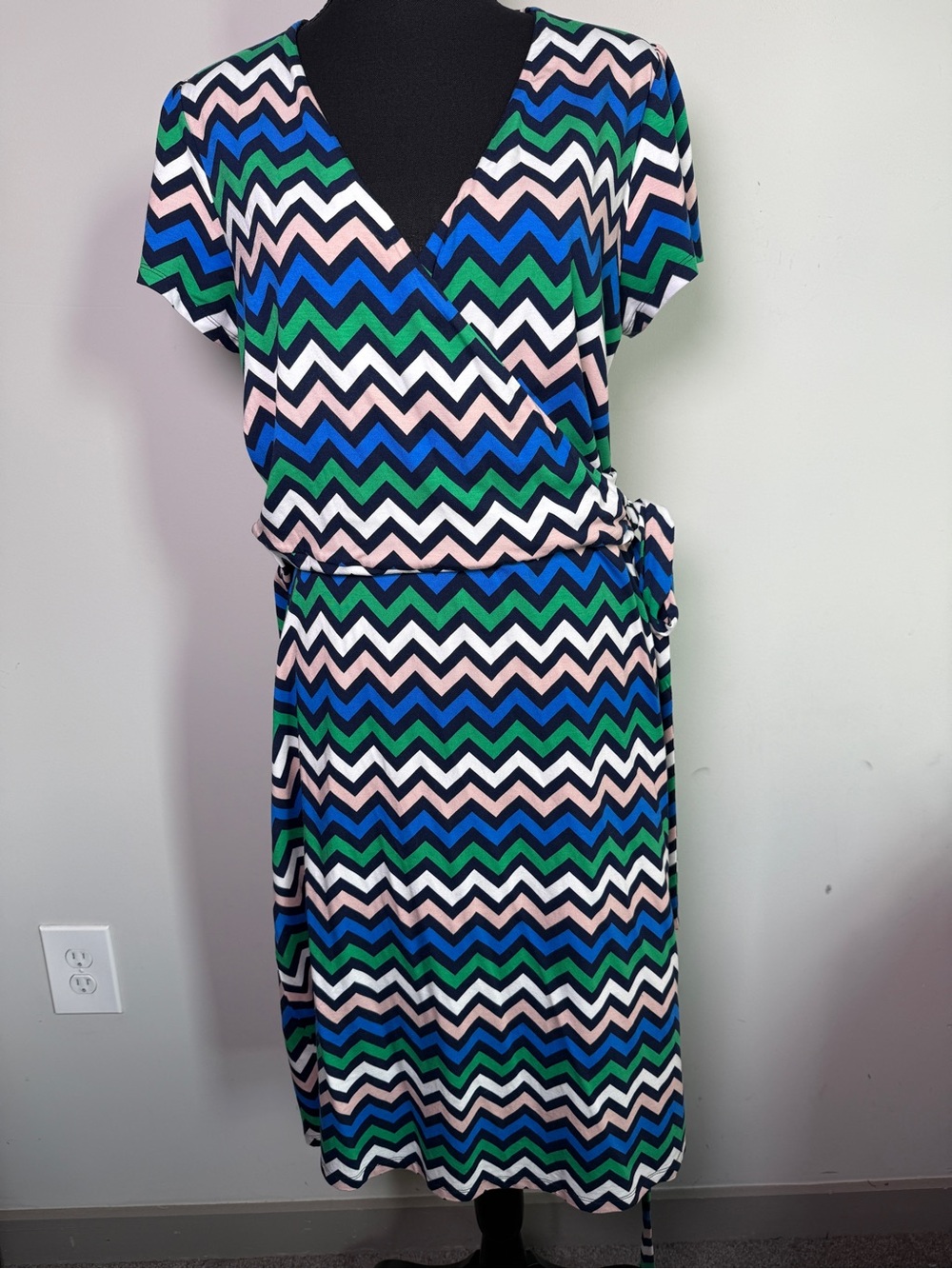 Boden Chevron Zigzag Wrap Dress Navy Green Blush Preppy Resort Sz 12L (UK 16L)